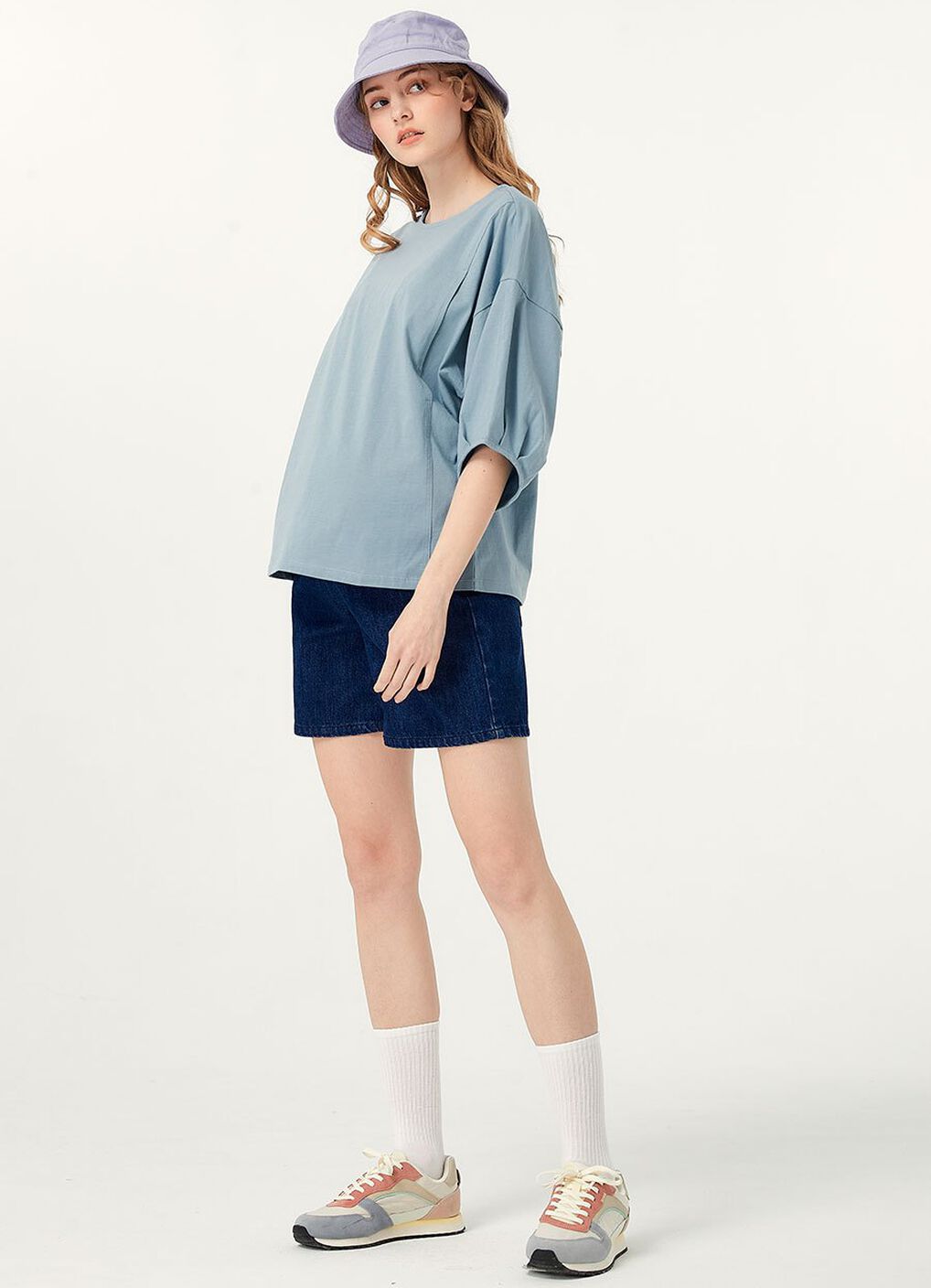 Lantern Sleeves Cotton M&N Top, Blue Grey, hi-res image number 2