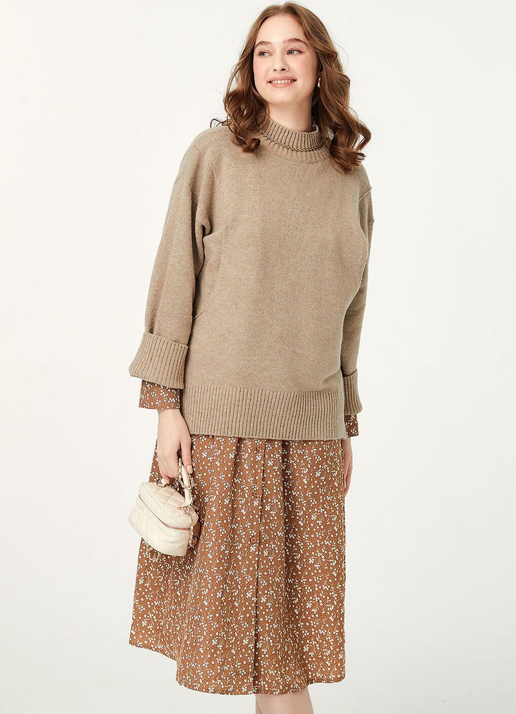 Floral Print V-Neck Maternity & Nursing Dress, Brown, hi-res image number 3