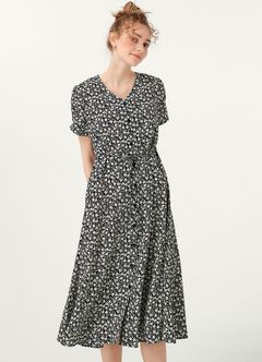 Floral Print V-Neck M&N Dress, Black, hi-res