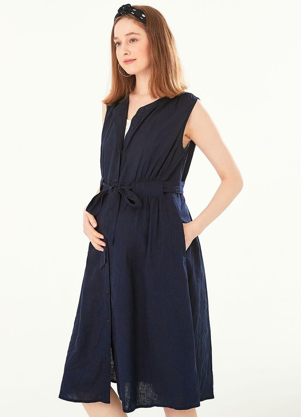 Button-through S/L Maternity & Nursing Dress, Navy, hi-res image number 2