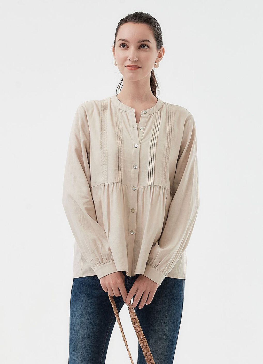 Emboss Pleated Long Sleeve Maternity & Nursing Shirt, Cream, hi-res image number 0