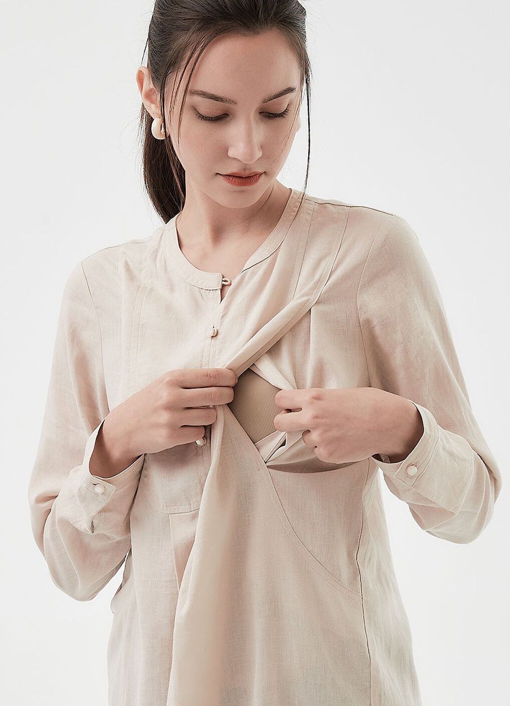 Half Button Round Neck Maternity & Nursing Long Top, , hi-res image number 1