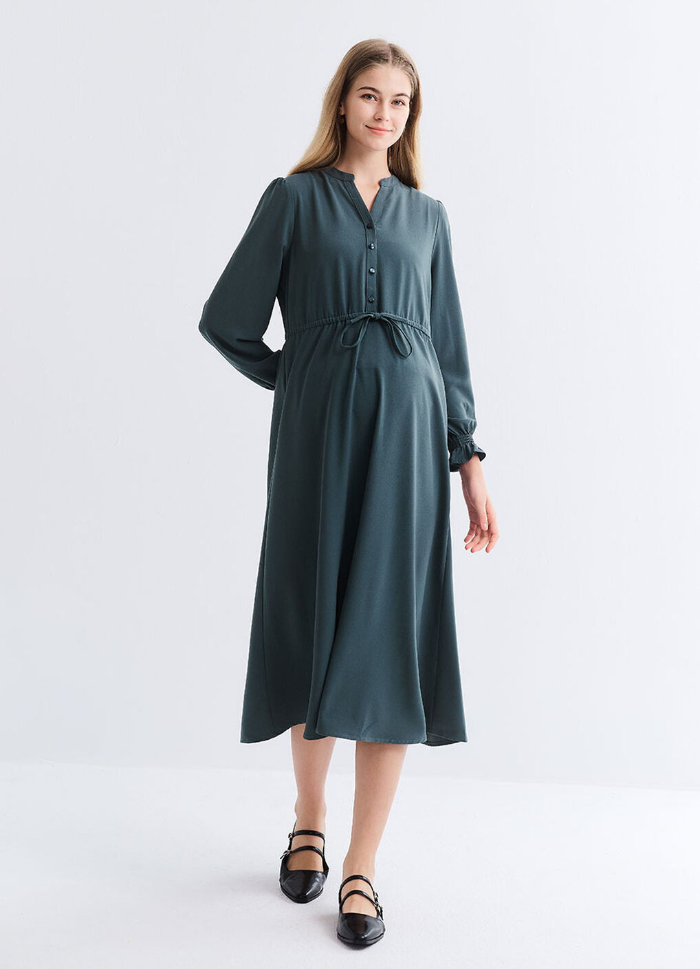 Half Placket Maternity & Nursing Dress, Teal, hi-res image number 0