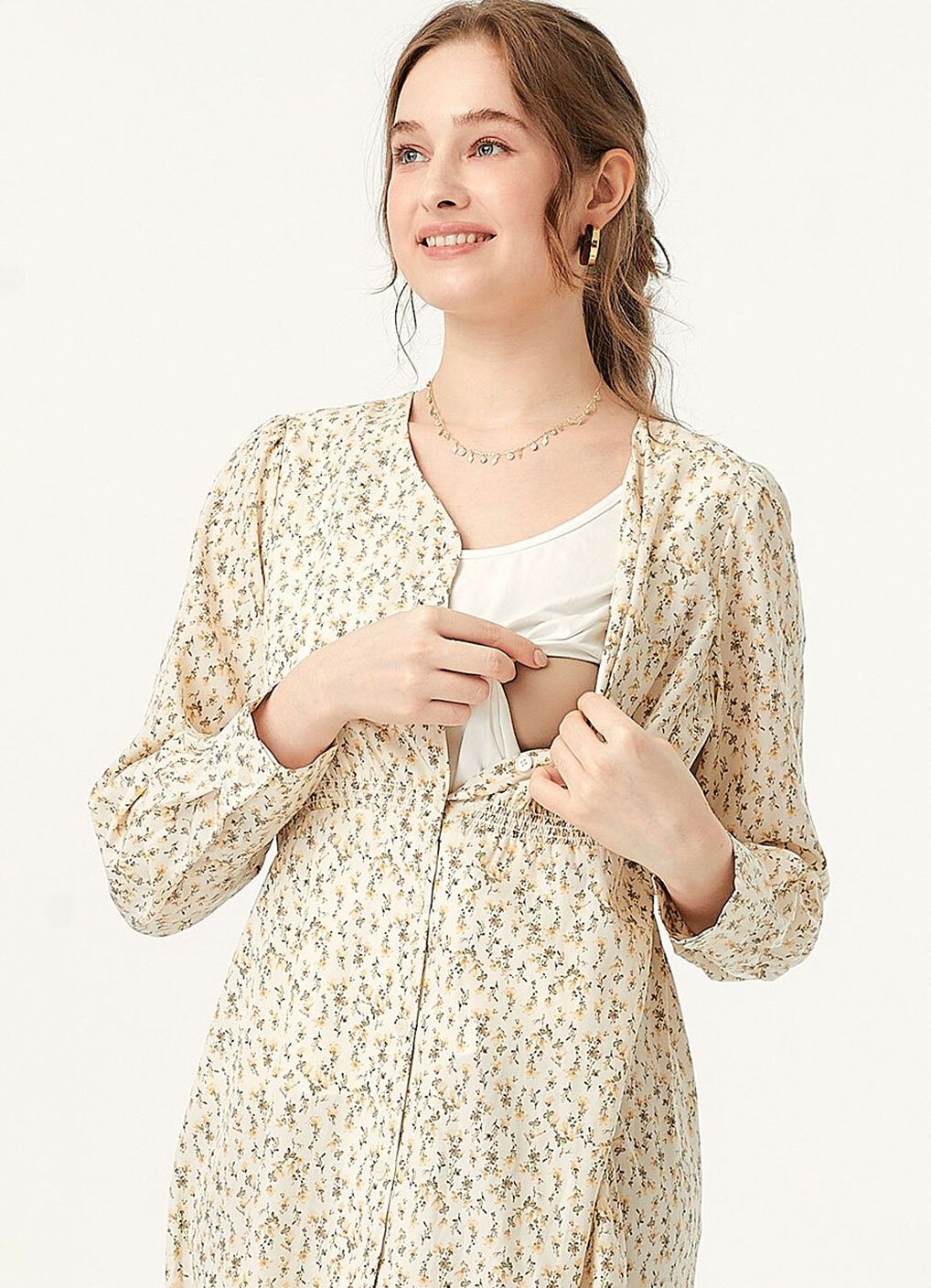 Floral Print V-Neck Maternity & Nursing Dress, Cream, hi-res image number 1