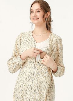 Floral Print V-Neck Maternity & Nursing Dress, Cream, hi-res