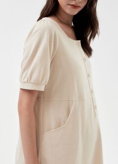 Buttoned Square Neck Maternity & Nursing Short Sleeve Dress, Cream, hi-res