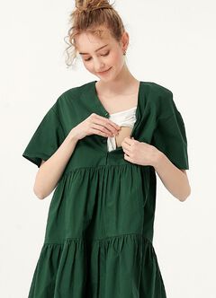 Flared Hem Cotton Maternity & Nursing Dress, Green, hi-res