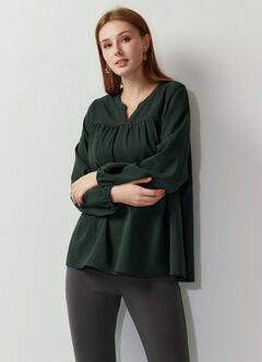 Pleated V-Neck Maternity & Nursing Top, Dark Green, hi-res