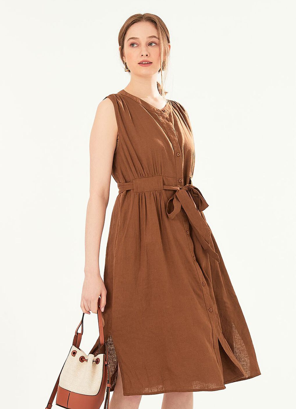 Button-through S/L Maternity & Nursing Dress, Brown, hi-res image number 3