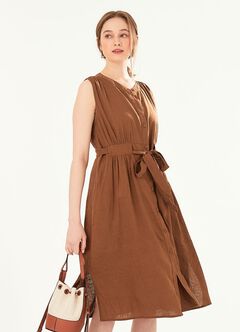 Button-through S/L Maternity & Nursing Dress, Brown, hi-res