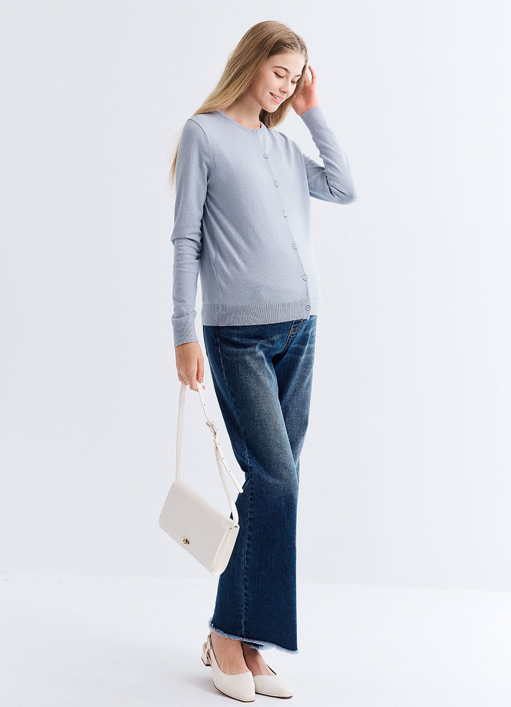 Knitted Crew Neck Maternity & Nursing Cardigan, Light Blue, hi-res image number 2