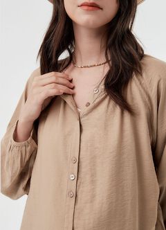 Pleated Round Neck Long Sleeve Maternity & Nursing Blouse, Khaki, hi-res