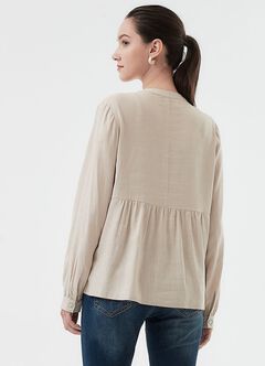 Emboss Pleated Long Sleeve Maternity & Nursing Shirt, Cream, hi-res