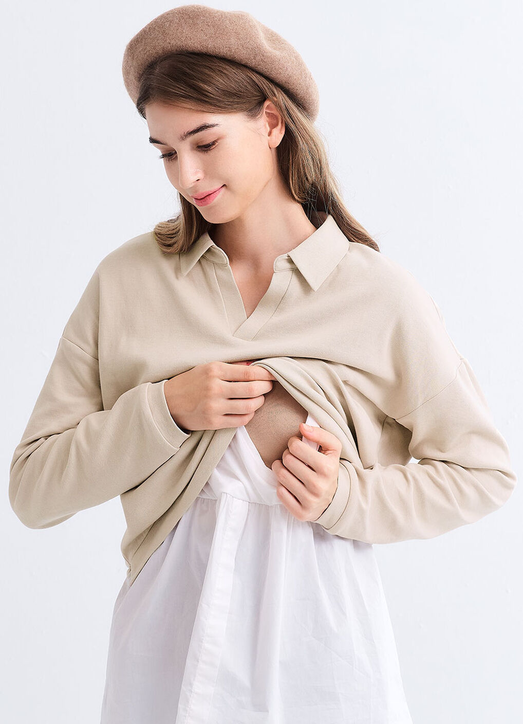 Skipper Collar 2 in 1 Maternity & Nursing Layered Jumper, Cream, hi-res image number 1