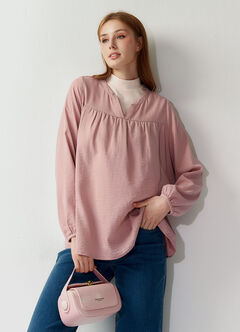 Pleated V-Neck Maternity & Nursing Top, Light Pink, hi-res