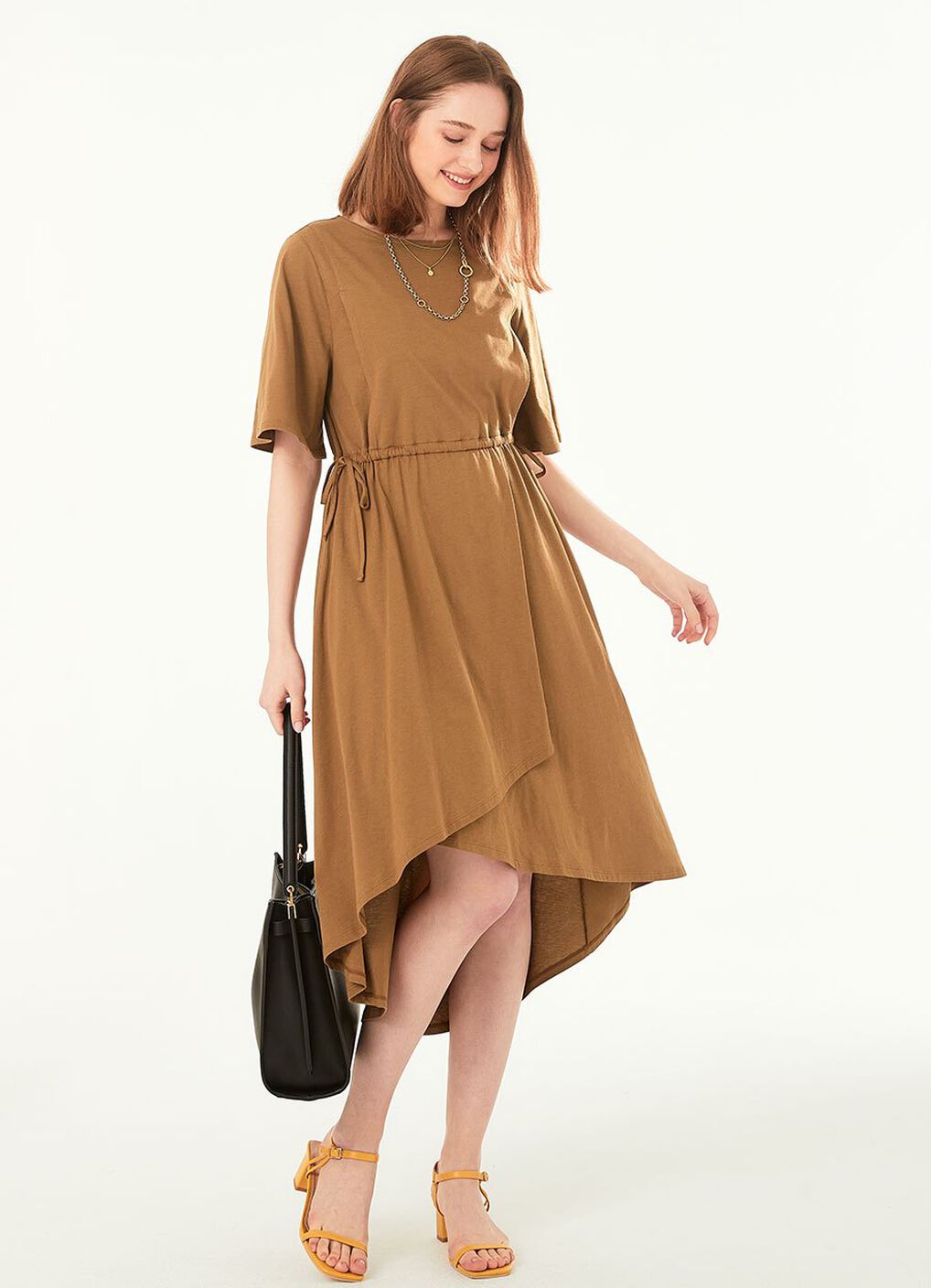 Drapey Maternity & Nursing Midi Dress, Brown, hi-res image number 0