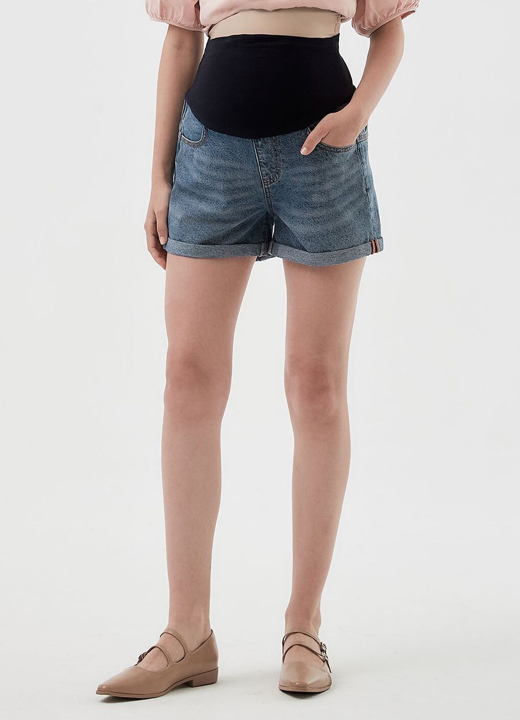 Cuffed Maternity Denim Shorts, , hi-res image number 1