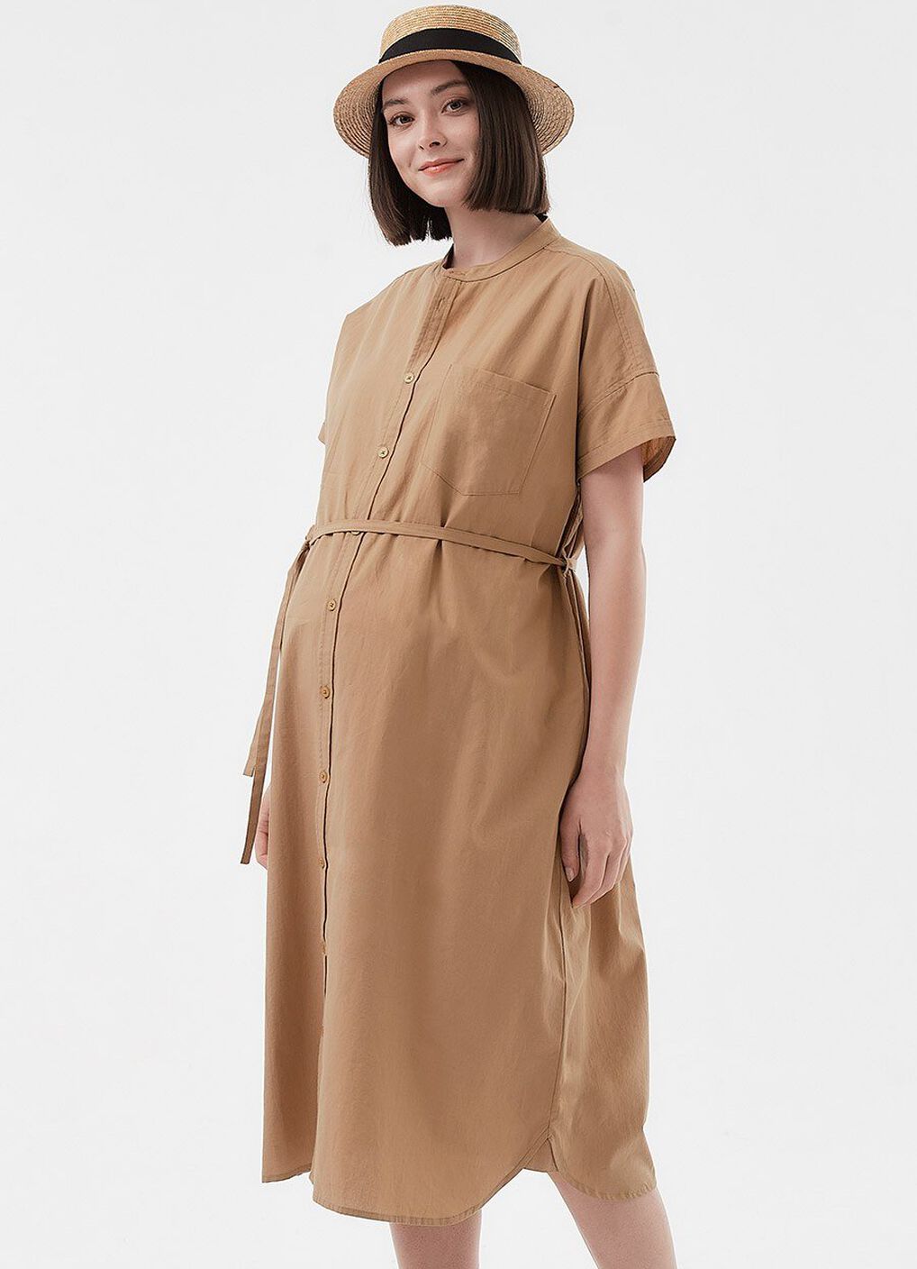 Cotton Maternity & Nursing Shirt Dress, Camel, hi-res image number 2