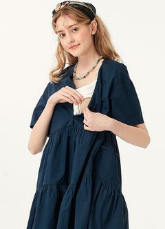 Flared Hem Cotton Maternity & Nursing Dress, Navy, hi-res