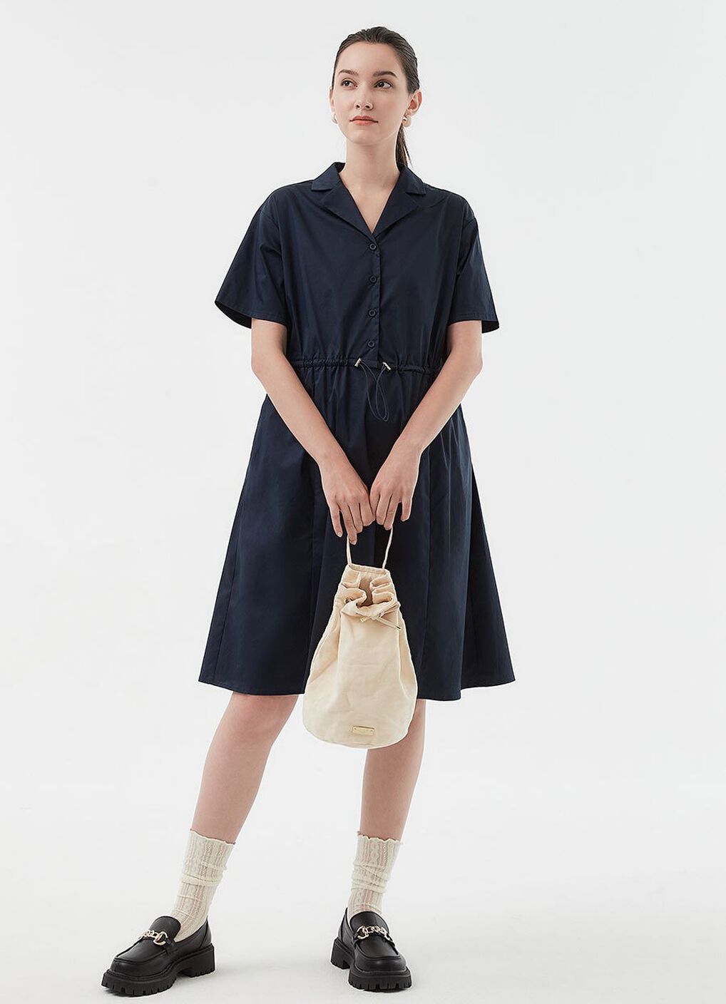 Collared Tie Waist Maternity & Nursing Short Sleeve Dress, Navy, hi-res image number 4