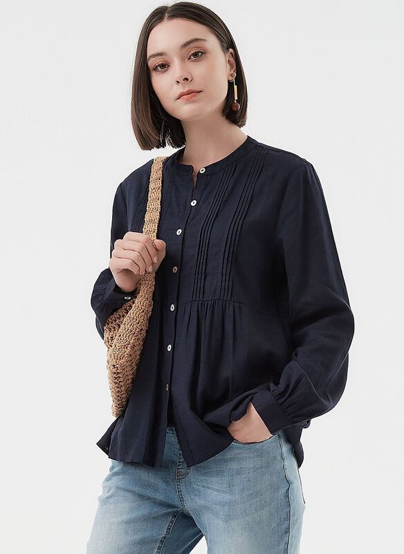 Emboss Pleated Long Sleeve Maternity & Nursing Shirt