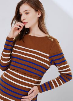 Striped Maternity & Nursing Dress, Camel, hi-res