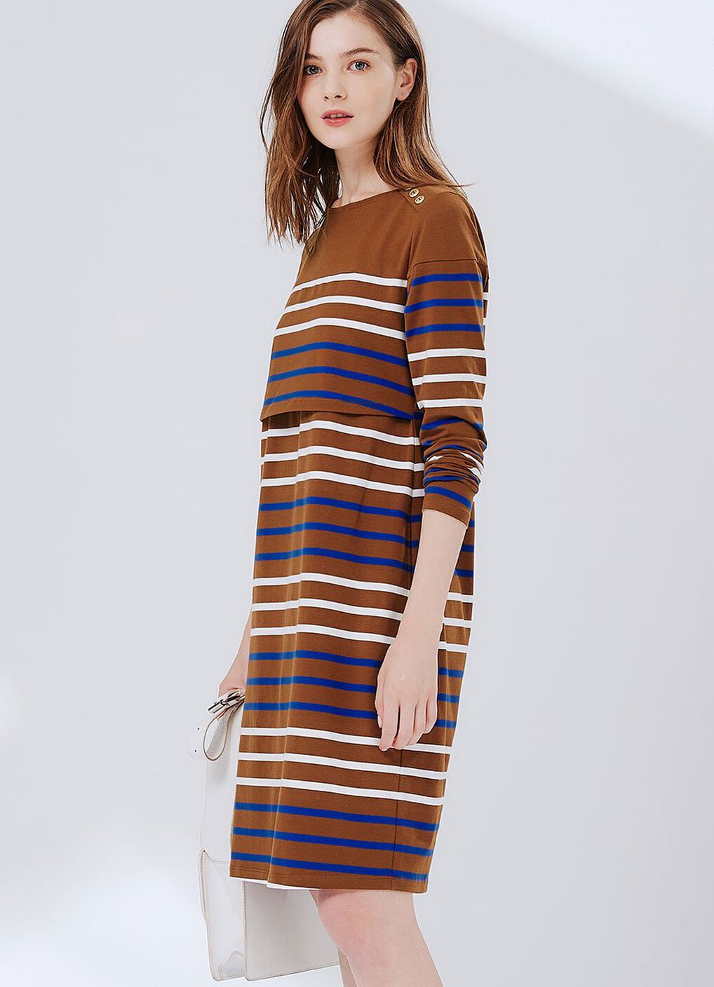 Striped Maternity & Nursing Dress, Camel, hi-res image number 1