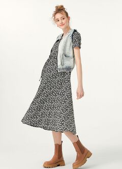 Floral Print V-Neck M&N Dress, Black, hi-res