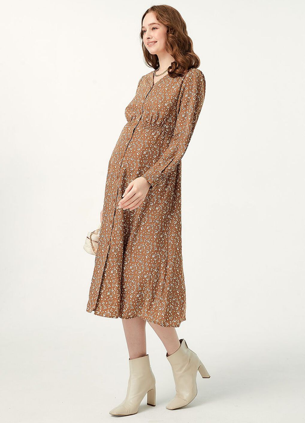 Floral Print V-Neck Maternity & Nursing Dress, Brown, hi-res image number 2