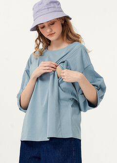 Lantern Sleeves Cotton M&N Top, Blue Grey, hi-res