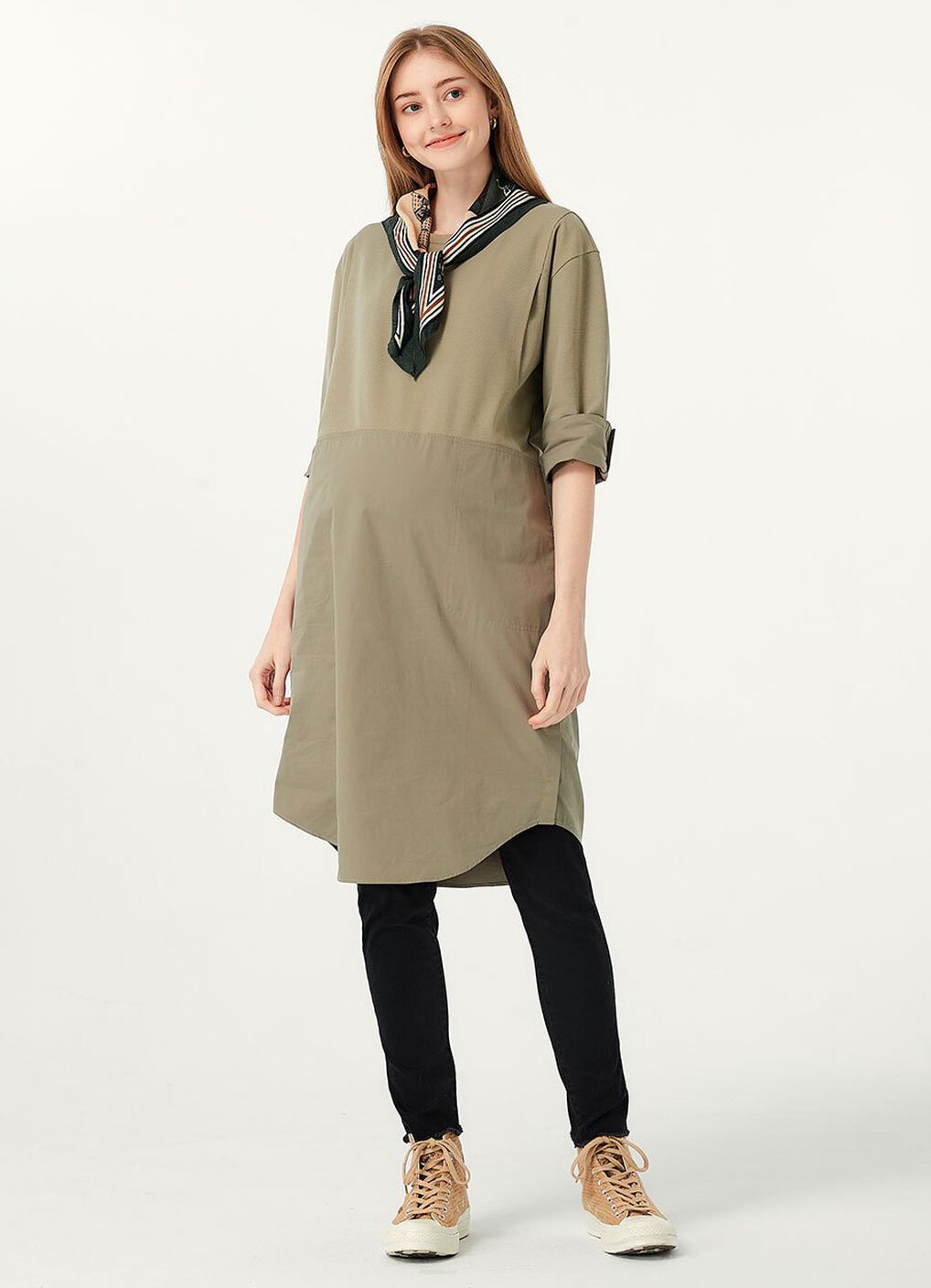 Round Neck Patchwork M&N Dress, Sage Green, hi-res image number 3