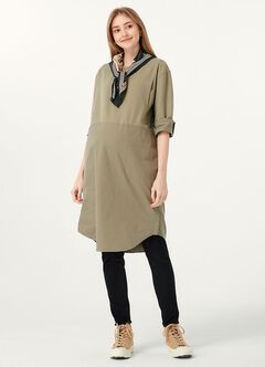 Round Neck Patchwork M&N Dress, Sage Green, hi-res