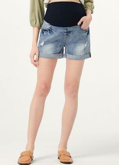 Ripped Cuffed Maternity Denim Shorts, , hi-res