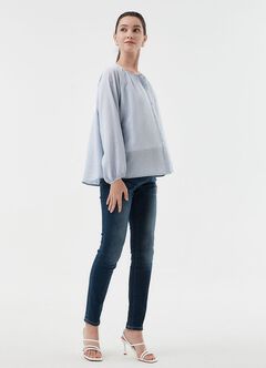 Pleated Round Neck Long Sleeve Maternity & Nursing Blouse, , hi-res