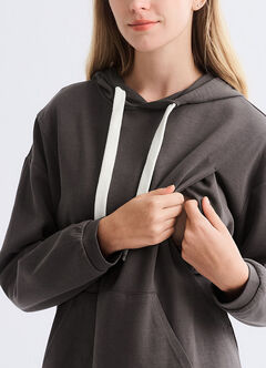 Relaxed Cotton Maternity & Nursing Hoodie Dress, Charcoal, hi-res