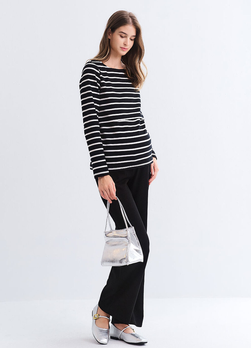 Striped Boat Neck Maternity & Nursing Top, Black, hi-res image number 0