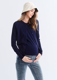 Knitted Crew Neck Maternity & Nursing Cardigan, Navy, hi-res