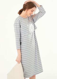 Striped Maternity & Nursing Pyjama Dress, Blue Grey, hi-res