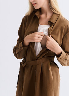 Elegant Belted Maternity & Nursing Shirt Dress, Brown, hi-res