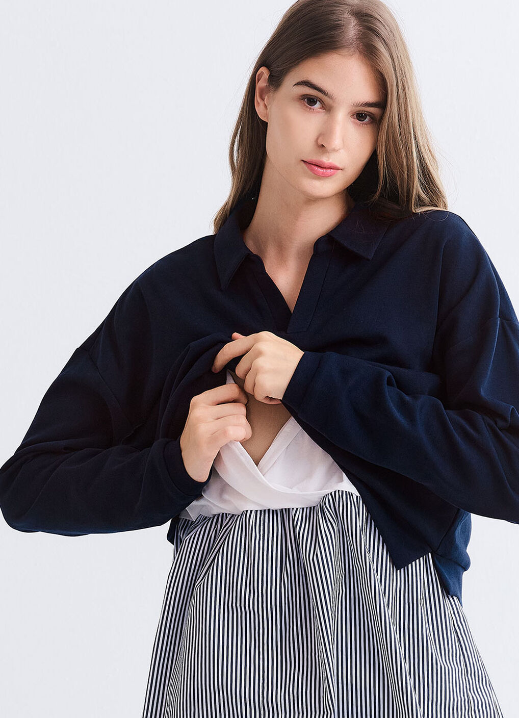 Skipper Collar 2 in 1 Maternity & Nursing Layered Jumper, Navy, hi-res image number 1