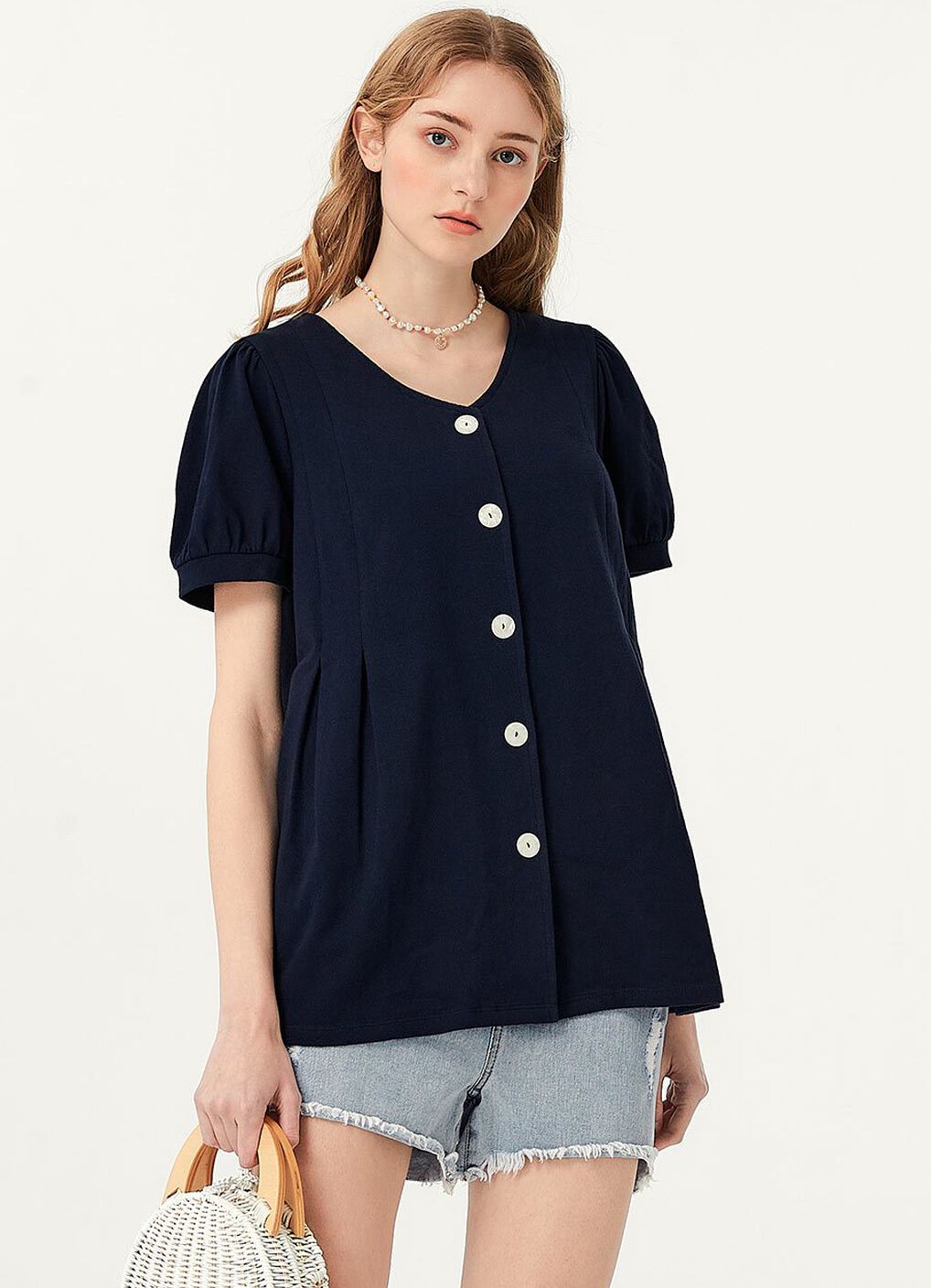 Puff Sleeves Button Down Maternity & Nursing Top, Navy, hi-res image number 0