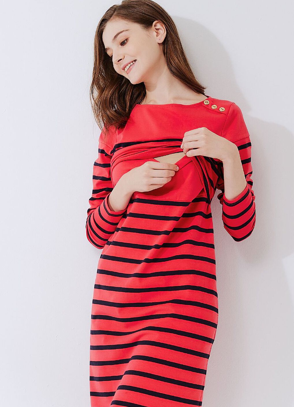 Striped Maternity & Nursing Dress, Red, hi-res image number 2