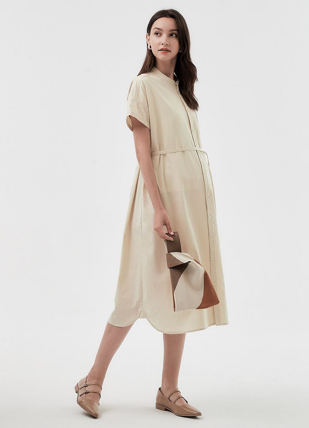 Cotton Maternity & Nursing Shirt Dress, Cream, hi-res image number 3