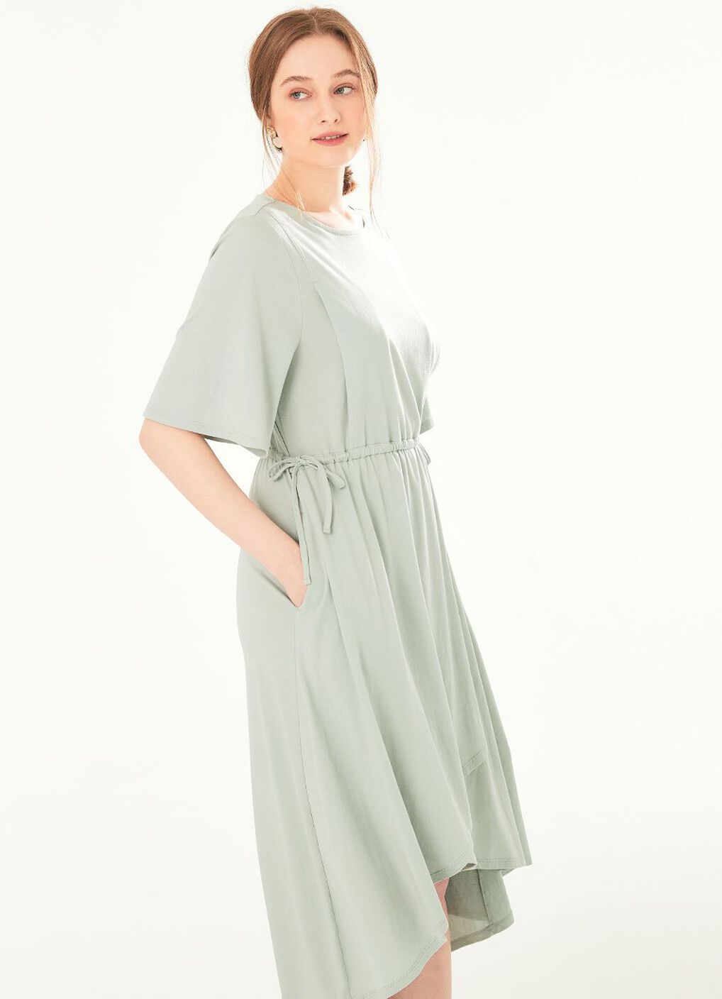 Drapey Maternity & Nursing Midi Dress, Sage Green, hi-res image number 2