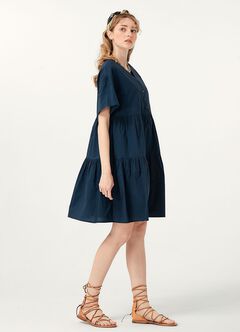 Flared Hem Cotton Maternity & Nursing Dress, Navy, hi-res
