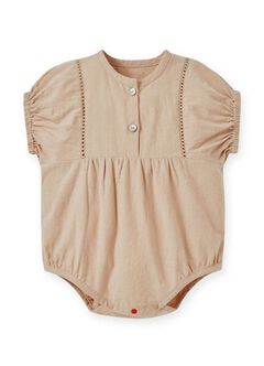 Lace Baby Puff Sleeve Romper, Khaki, hi-res