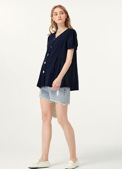 Puff Sleeves Button Down Maternity & Nursing Top, Navy, hi-res