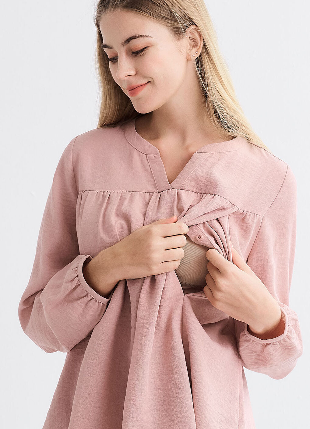 Pleated V-Neck Maternity & Nursing Top, Light Pink, hi-res image number 6
