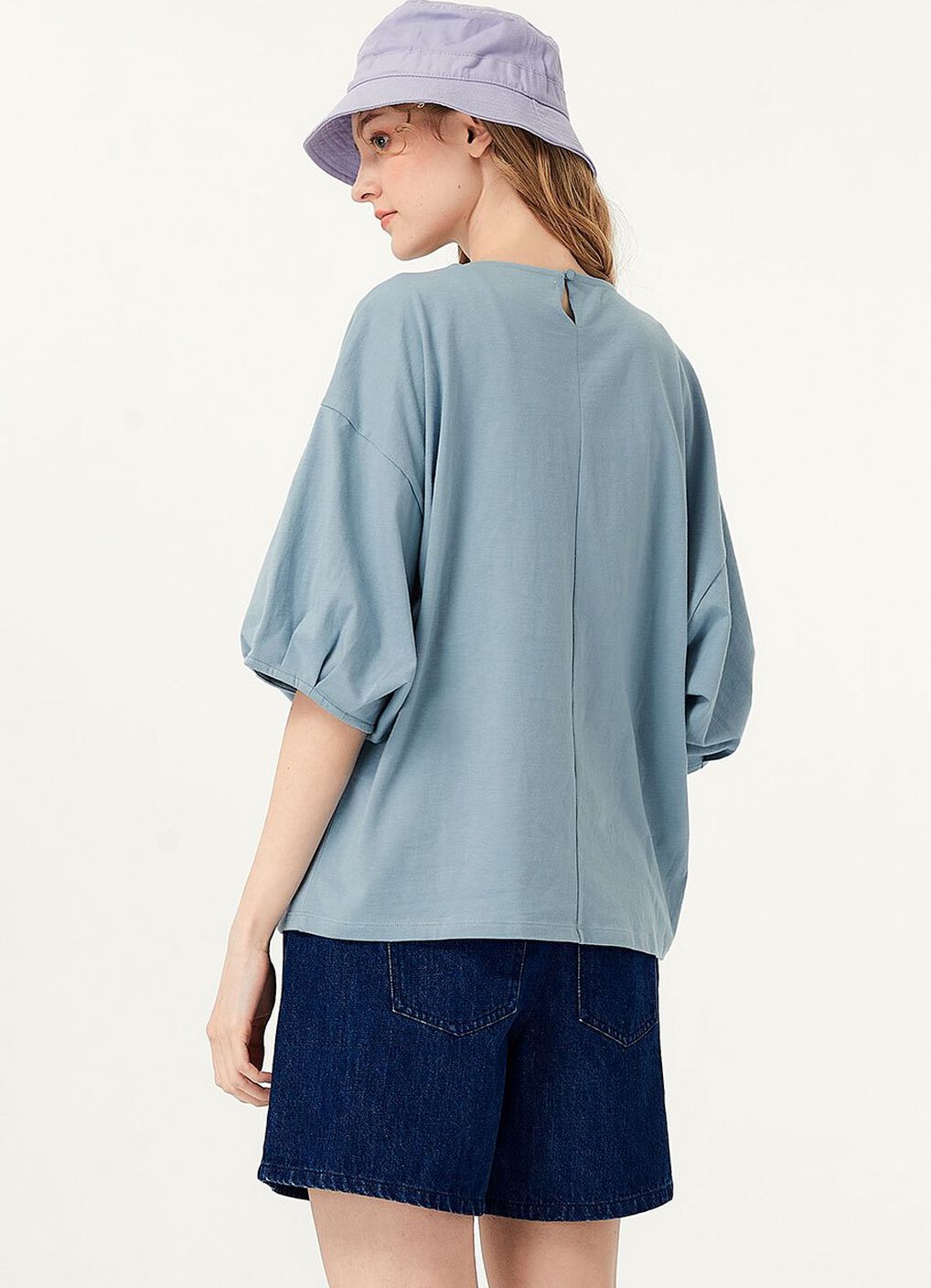 Lantern Sleeves Cotton M&N Top, Blue Grey, hi-res image number 5