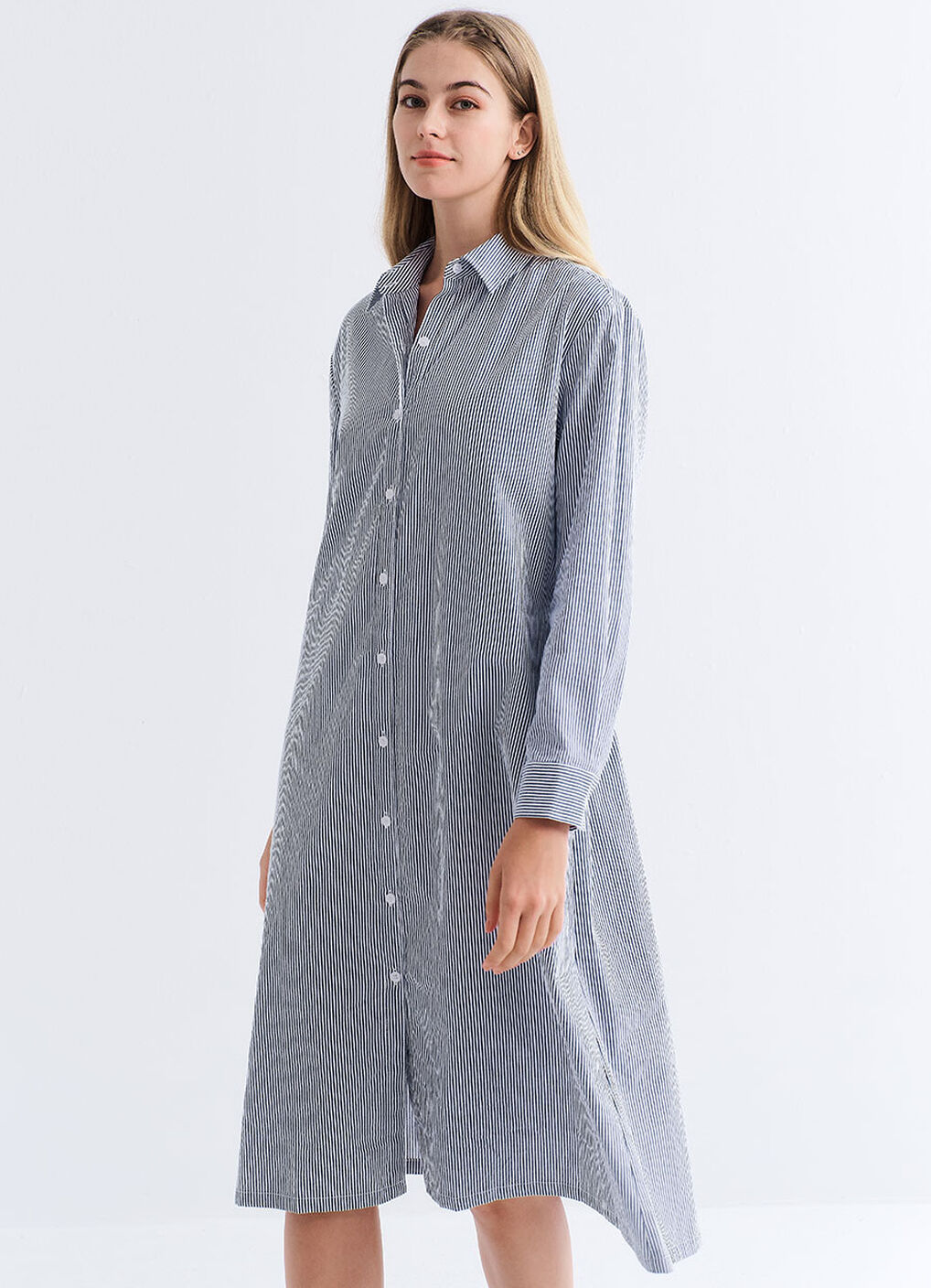 Striped Belted Maternity & Nursing Shirt Dress, Blue, hi-res image number 4